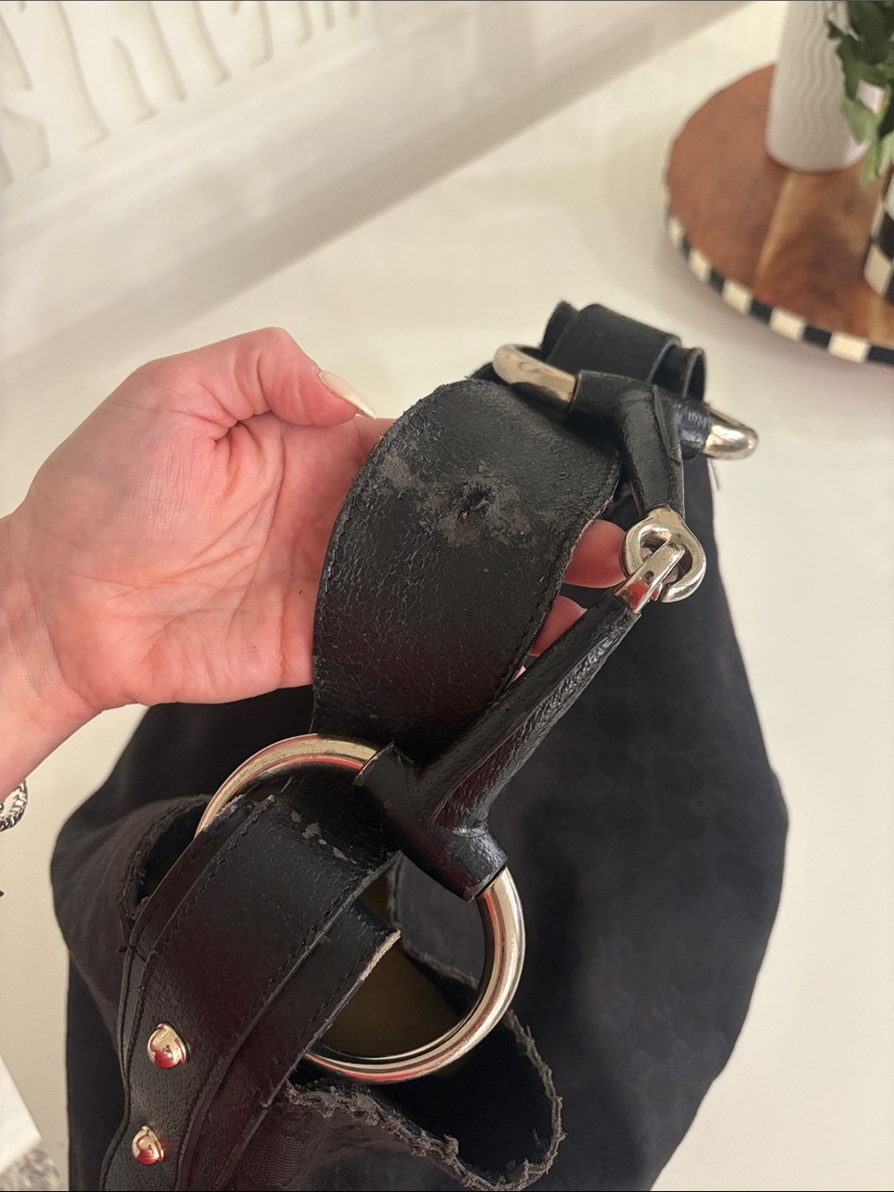 Authentic Gucci Black Canvas Horsebit Ring Hobo Shoulder Bag (Large) - Picture 7 of 12